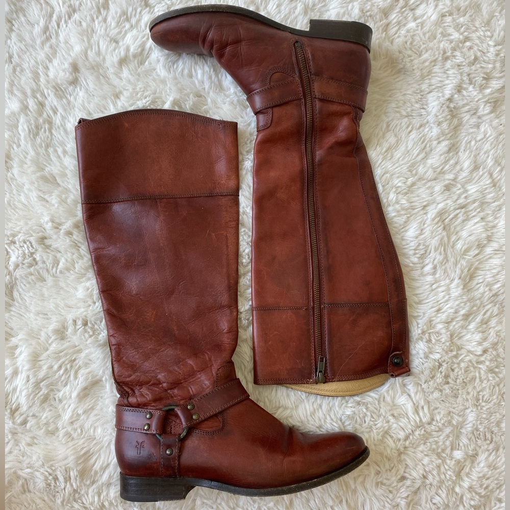Frye knee high crimson boots with metal hardware